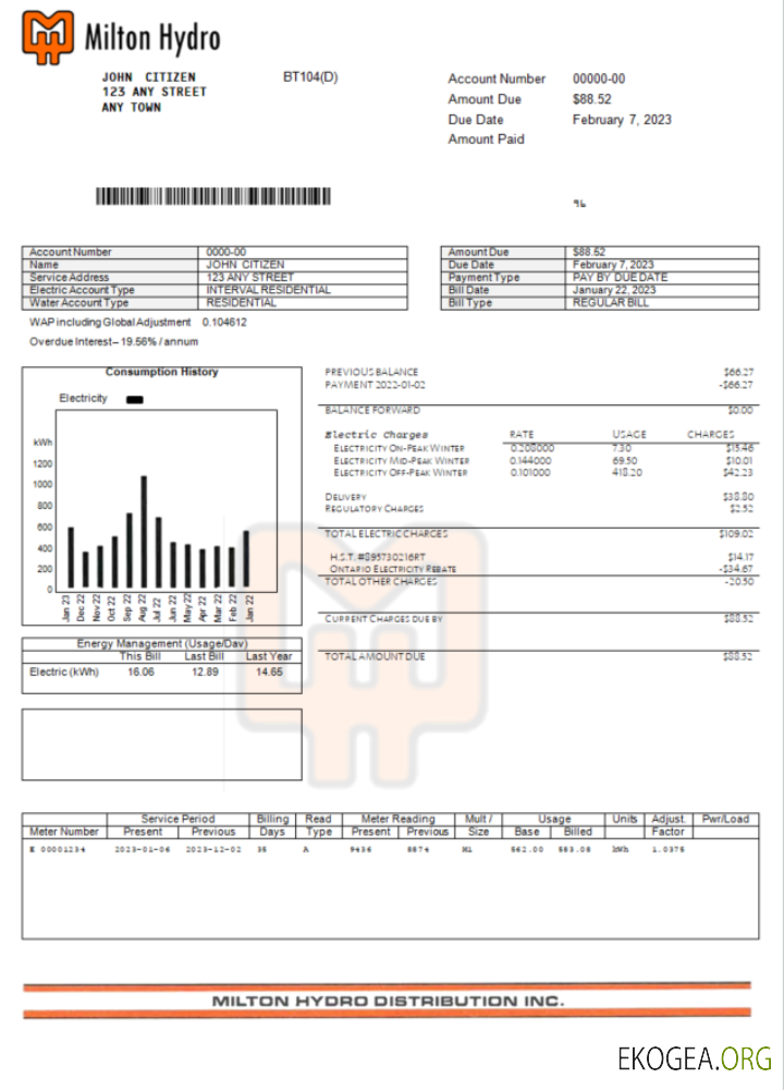 Canada Milton Hydro electricity bill Word and PDF template